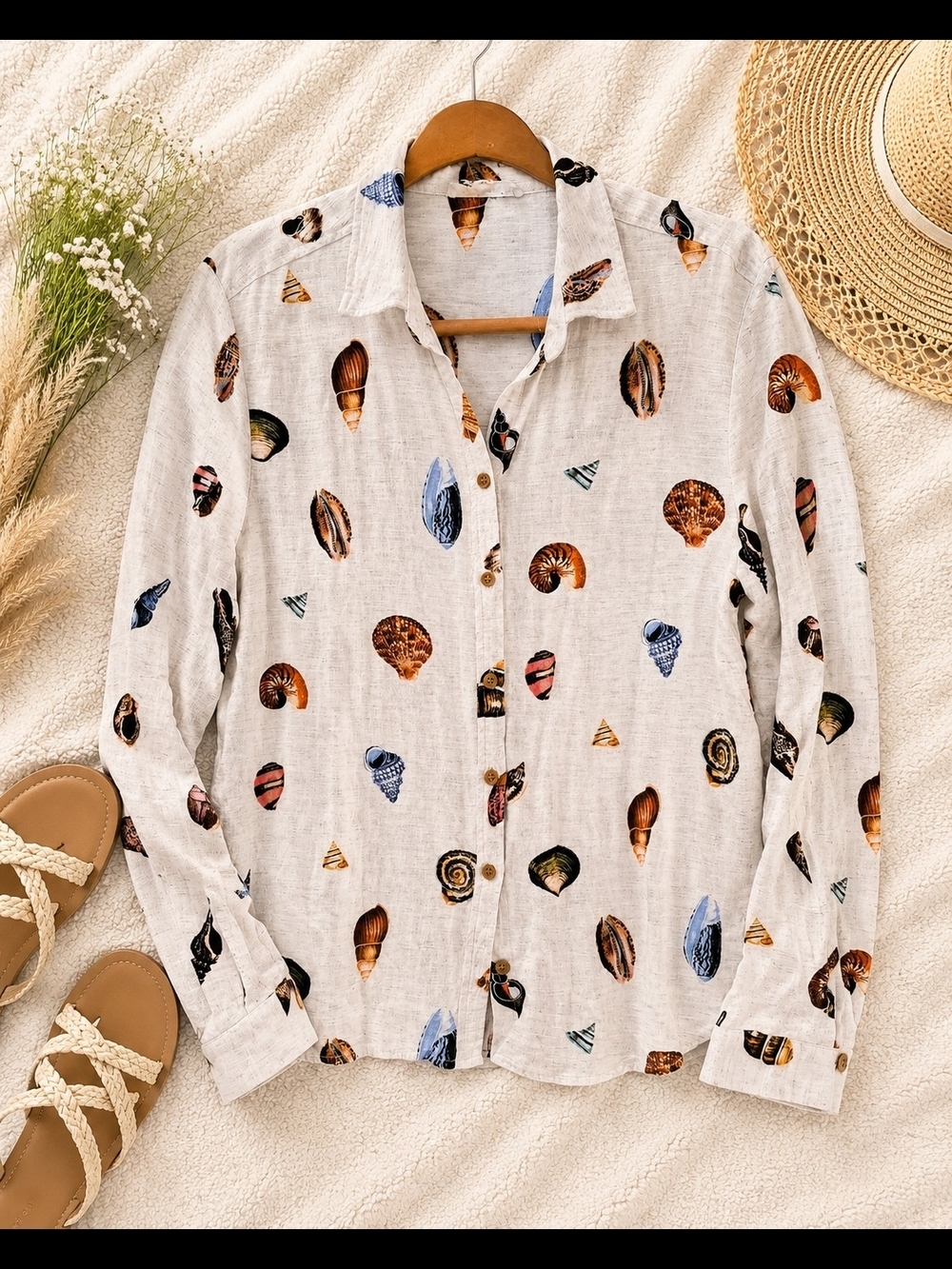 Jane + Delancey Seashell Print Linen Blend Shirt XL PTP 22" - Picture 1 of 7